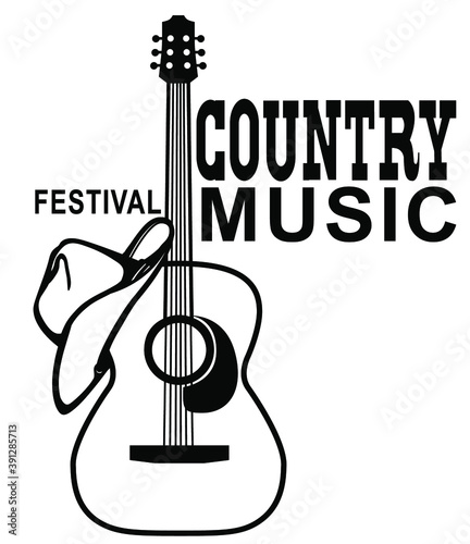 Retro Country music poster of acoustic guitar and cowboy American hat and boots. Vector music background with text on old grunge paper texture