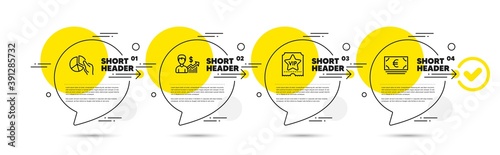 Pie chart, Business growth and Vip ticket line icons set. Timeline infograph speech bubbles. Euro currency sign. Presentation graph, Earnings results, Exclusive privilege. Eur banking. Vector