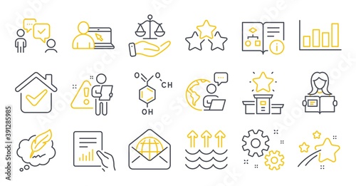 Set of Education icons, such as Consulting business, Winner podium, Woman read symbols. Justice scales, Evaporation, Work signs. Report diagram, Web mail, Chemical formula. Copyright chat. Vector
