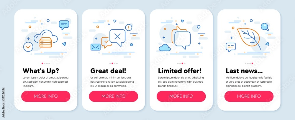 Set of Business icons, such as Cloud server, Messenger, Reject symbols. Mobile screen banners. Leaf line icons. Web storage, Speech bubble, Delete message. Environmental. Cloud server icons. Vector