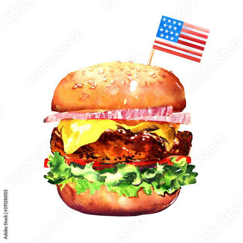 Tasty homemade beef hamburger with american flag, original american burger, 4th of July, fast food, hand drawn watercolor illustration on white background