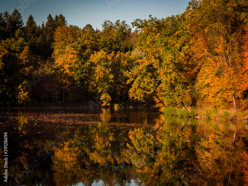 Autumn season with full colors reflection in lake.