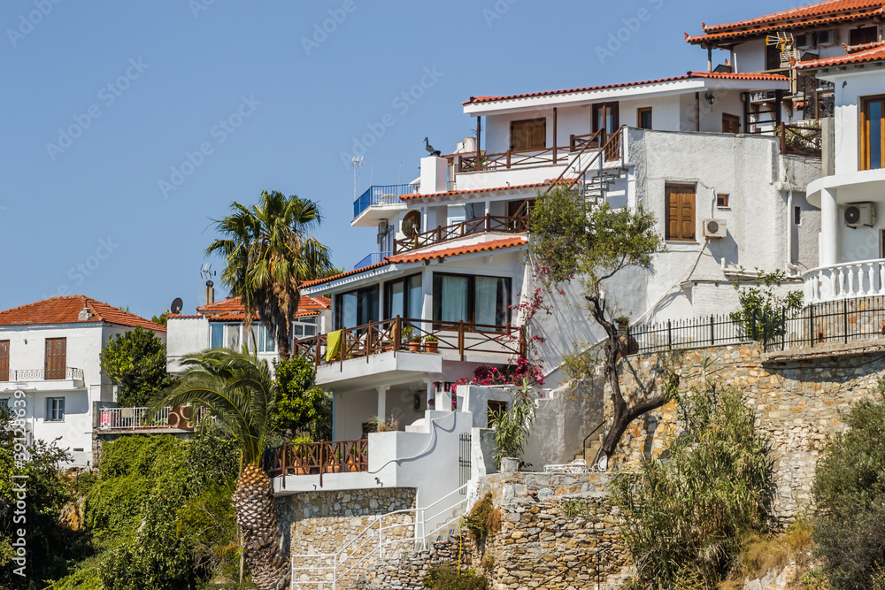 Fototapeta premium Evia island, Greece - June 28. 2020: Panorama of the tourist island of Skiathos in Greece 