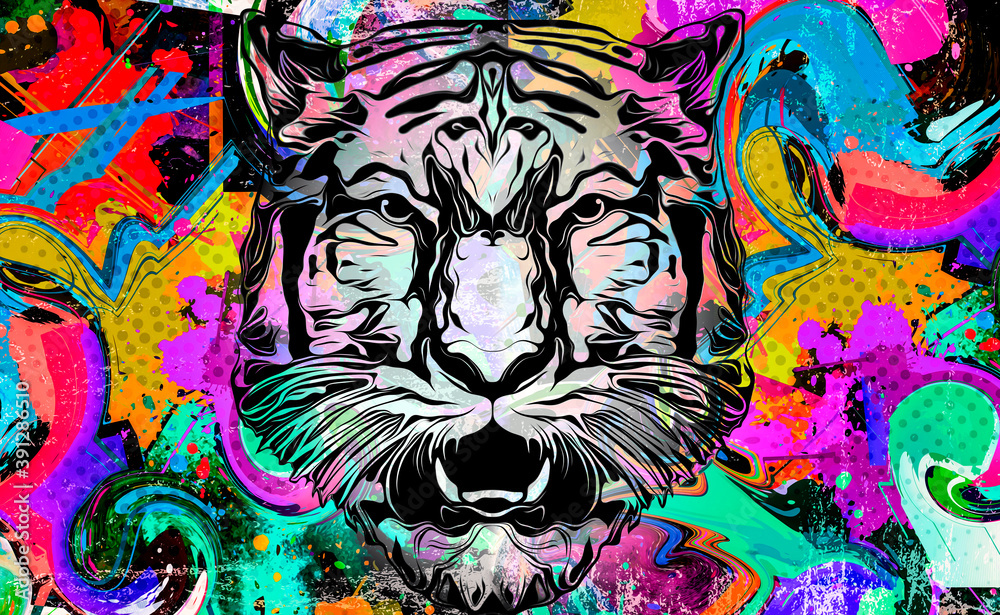 Tiger's head illustration on white background with colorful creative elements 