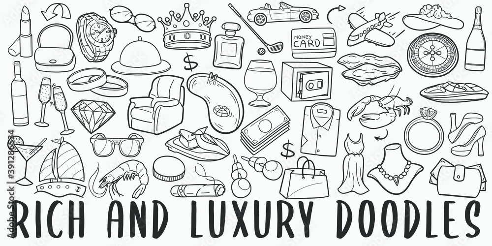 Luxury doodle icon set. Rich Life Style Vector illustration collection. Banner Hand drawn Line art style.