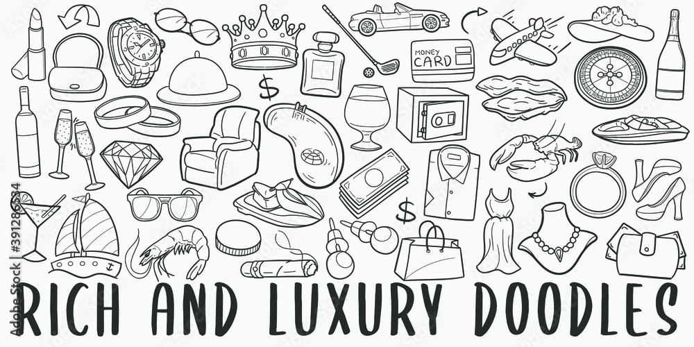 Luxury doodle icon set. Rich Life Style Vector illustration collection. Banner Hand drawn Line art style. Luxury doodle icon set. Rich Life Style Vector illustration collection. Banner Hand drawn Line art style.