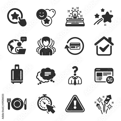 Set of Business icons, such as Hiring employees, Food, Refund commission symbols. 5g internet, Typewriter, Loyalty star signs. Fireworks rocket, Group, Timer. Smile, Text message. Vector