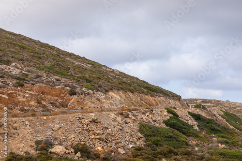 Scenic landscape view in Greek mountain, Ios Island.