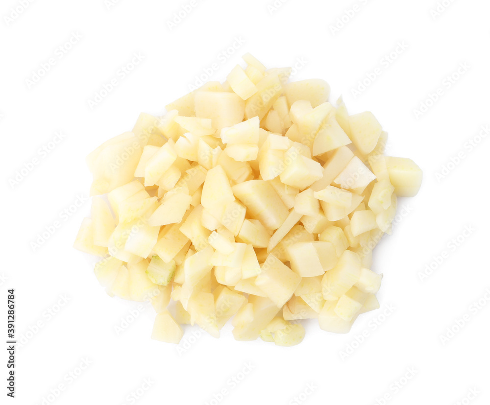 Pile of fresh chopped garlic isolated on white, top view. Organic food Pile of fresh chopped garlic isolated on white, top view. Organic food