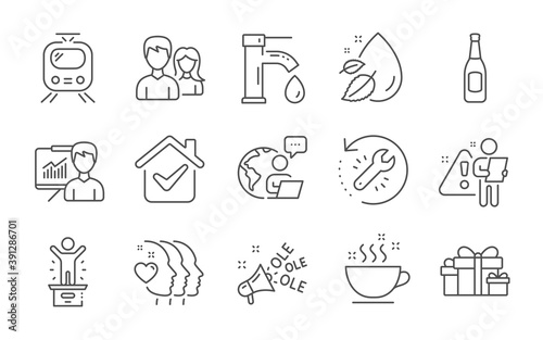 Coffee cup, Friends couple and Holiday presents line icons set. Water drop, Beer and Recovery tool signs. Ole chant, Train and Presentation symbols. Winner podium, Tap water and Couple. Vector