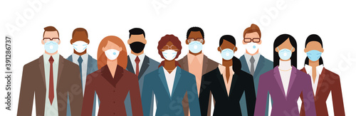Crowd of diverse business people wearing face mask to protect themselves from the epidemic. Flat design vector illustration.