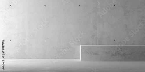 Fototapeta Naklejka Na Ścianę i Meble -  Abstract empty, modern concrete room with indirect lighting from left side wall and bench - industrial interior background template