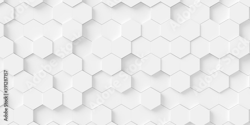 Fototapeta Naklejka Na Ścianę i Meble -  Modern minimal white random shifted honeycomb hexagon geometrical pattern background flat lay top view from above