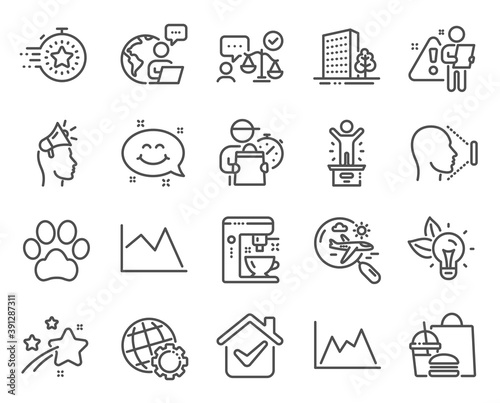 Business icons set. Included icon as Smile chat, Coffee maker, Diagram signs. Brand ambassador, Line chart, Face id symbols. Dog paw, Eco energy, Winner podium. Timer, Buildings, Globe. Vector
