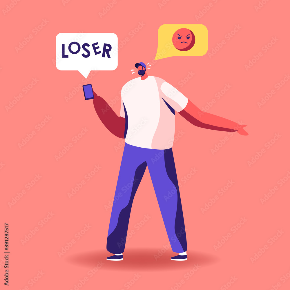Angry Aggressive Male Character Send Offensive Messages Online. Social Network Harassment, Criticism or Bullying Angry Aggressive Male Character Send Offensive Messages Online. Social Network Harassment, Criticism or Bullying