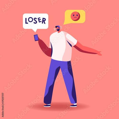 Angry Aggressive Male Character Send Offensive Messages Online. Social Network Harassment, Criticism or Bullying