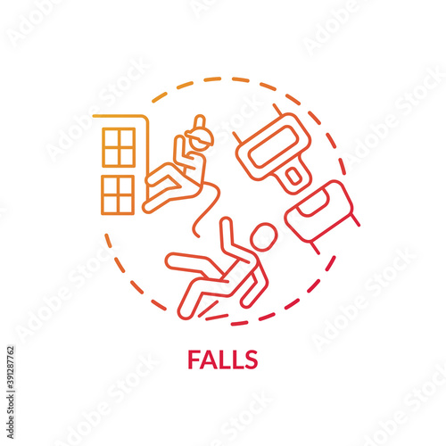 Falls concept icon. Work related injuries. Dangerous working places. High body injury risk percentage. High places jobs idea thin line illustration. Vector isolated outline RGB color drawing