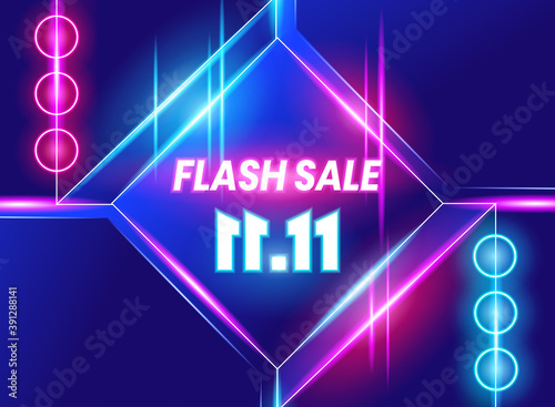 11.11 flash sale shopping glow neon background. vector illustration. business banner