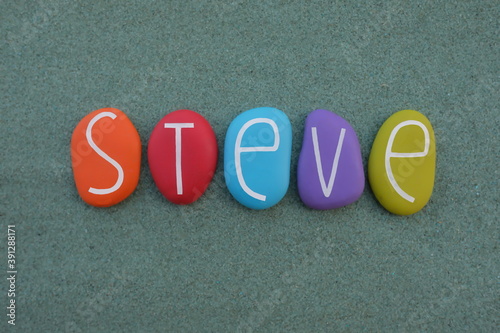 Bilde på lerret Steve, masculine given name composed with multicolored stone letters over green