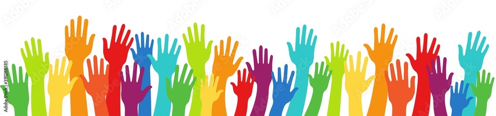 Group raised many human arms and hands.Diversity multiethnic people. Racial equality. Men and women of different culture and countries. Multicultural community integration. Rainbow colors Group raised many human arms and hands.Diversity multiethnic people. Racial equality. Men and women of different culture and countries. Multicultural community integration. Rainbow colors