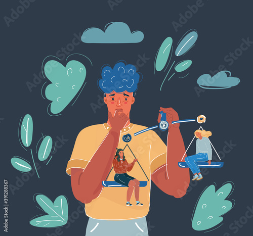 Vector illustration of Young man choosing between two women. Scale concept. Character on dark background.