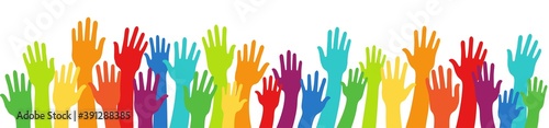 Group raised many human arms and hands.Diversity multiethnic people. Racial equality. Men and women of different culture and countries. Multicultural community integration. Rainbow colors