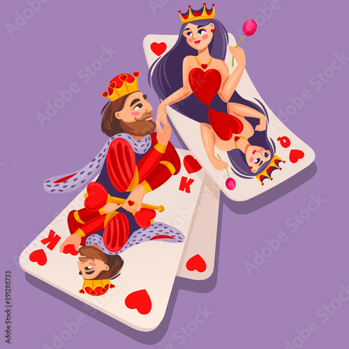 Cartoon Color Characters King and Queen of Hearts Suit Concept. Vector