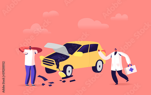 Driver after Car Accident on Road, Stressed Male Character Yelling Stand on Roadside at Broken Automobile and Doctor