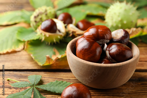 Horse chestnuts and leaves on wooden table