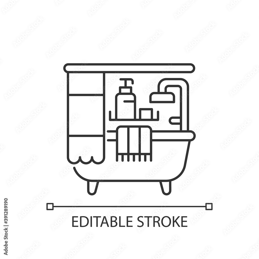 Bathroom linear icon. Bath accessories. Bathtub and shower. Plumbing. Freestanding tub. Thin line customizable illustration. Contour symbol. Vector isolated outline drawing. Editable stroke Bathroom linear icon. Bath accessories. Bathtub and shower. Plumbing. Freestanding tub. Thin line customizable illustration. Contour symbol. Vector isolated outline drawing. Editable stroke