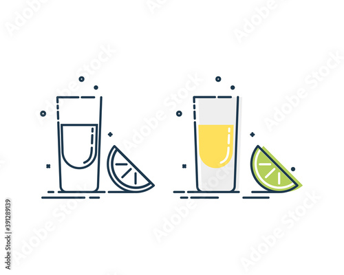 Line art snack tequila lime. Mexican beverage. White background. Tasty snack. Closeup shot. Trendy fruit food design. Color minimalism simplicity sign. Alcoholic product for restaurant illustration