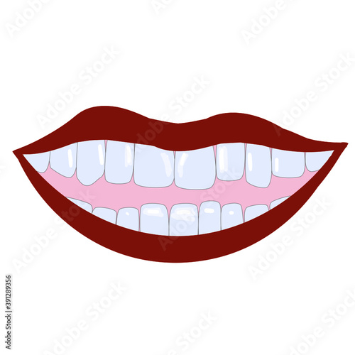 Beautiful white teeth in the mouth showing a smile. Vector art.