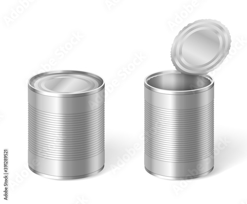 Tincan set. Open and closed metal tin can for canned food storage