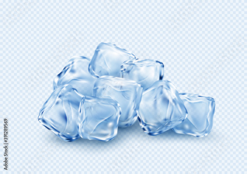 Group of ice transparent clear cubes isolated on light blue transparent background. Vector illustration photo