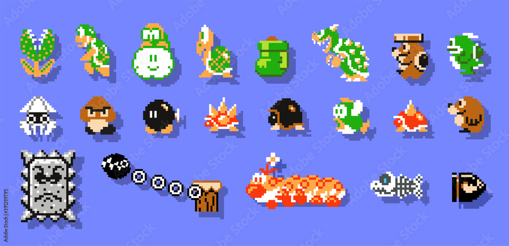 Set Of Enemies Characters From Super Mario Bros Classic Video Game