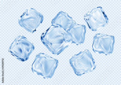 Set of ice transparent clear cubes isolated on light blue transparent background. Vector illustration