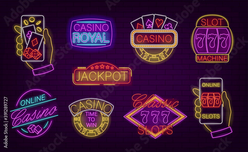 Emblems Neon Color Thin Line Icon Set. Vector
