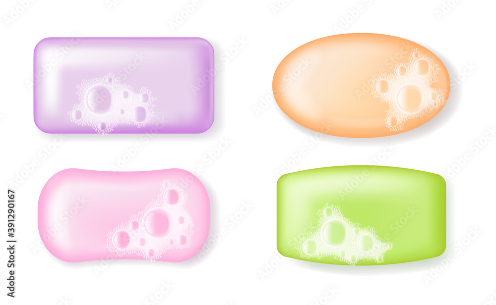 Fototapeta premium Realistic soap bars of different shape and color with foam and bubbles