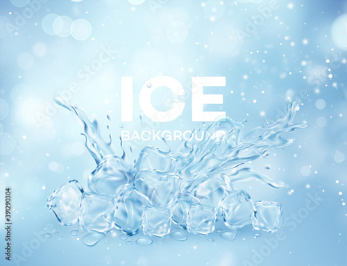 Group of ice transparent clear cubes in water crown splash isolated on light blue transparent background. Vector illustration