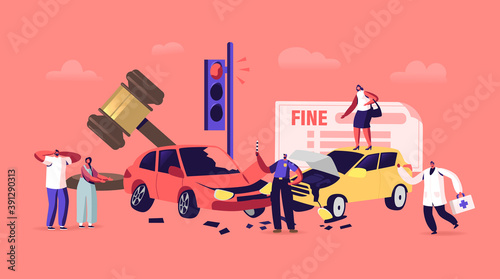 Car Accident on Road, Driver Dweller Characters Stand on Roadside with Broken Automobiles with Police Officer Write Fine