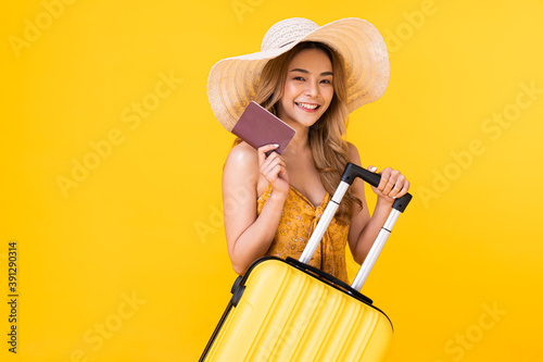 portrait of happy sexy girl smile wear substance cap with yellow luggage prepare to travel
