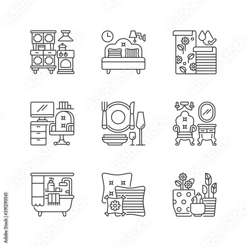Home furnishing linear icons set. Kitchen appliances. Bedroom furniture. Wallpapers. Home workspace. Customizable thin line contour symbols. Isolated vector outline illustrations. Editable stroke