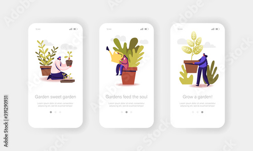 Gardening or Floristic Hobby Mobile App Page Onboard Screen Template. Tiny Gardener Character Planting Flowers or Plants