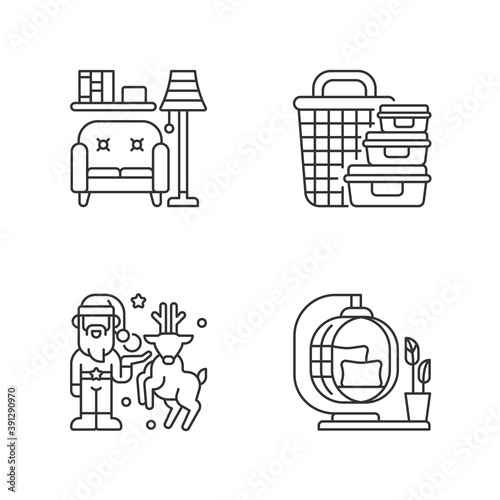 Homeware and furniture linear icons set. Living room. Storage containers. Christmas decor. Customizable thin line contour symbols. Isolated vector outline illustrations. Editable stroke