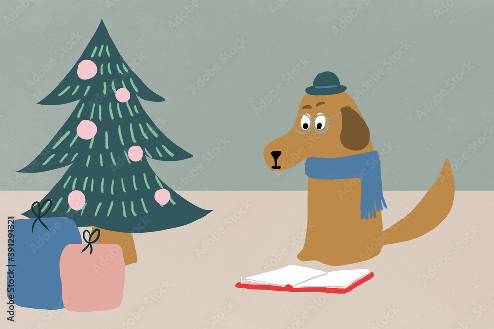 Brown dog with a hat and a blue scarf reading a book near a Christmas tree with presents
Brown dog with a hat and a blue scarf reading a book near a Christmas tree with presents
