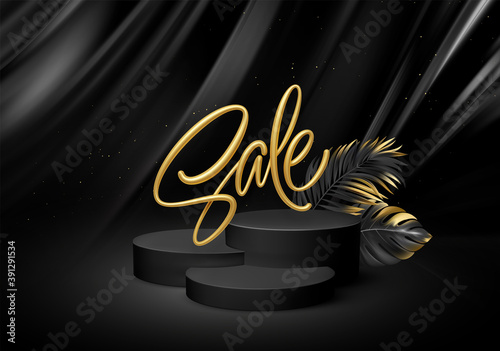 3d realistic black pedestal on a black silk background with golden Sale lettering and palm leaves. Empty space design luxury mockup scene for product. Vector illustration