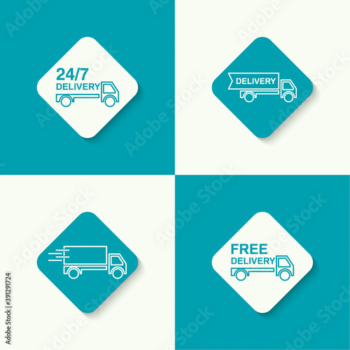 Freight transport. Concept delivery service. Truck delivers the goods. Outline. minimal. button. Set of vector icons.
