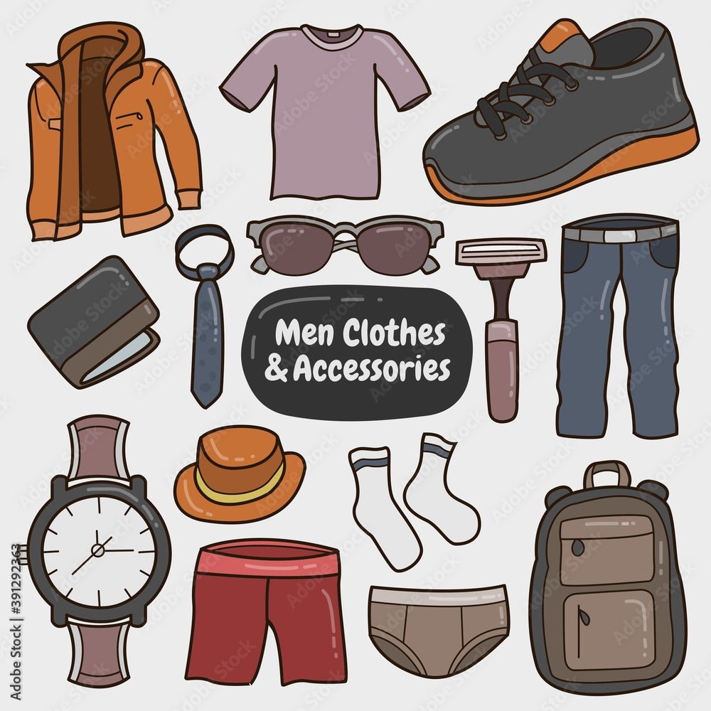 et of colorful men clothes and accessories vector graphics in hand drawn  style. design elements. Suitable for wallpaper, posters, banners,  magazines, etc. Stock Vector | Adobe Stock