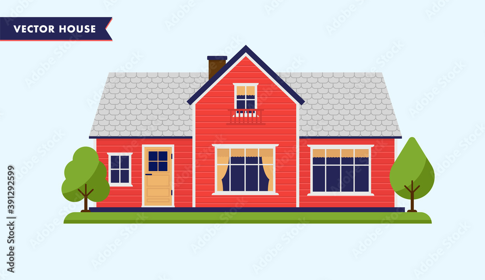 House in red colour. Medium big home for middle class family with windows, entrance and tress in the garden. Vector illustration.