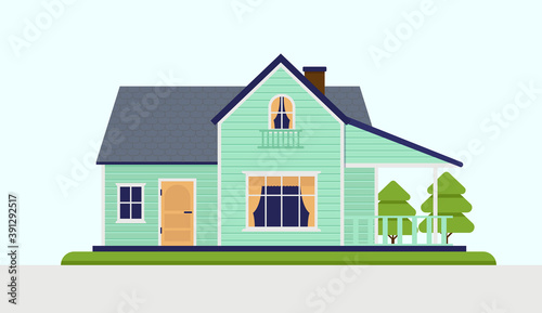 Vector house with porch - Front view of a green suburban residence home with garden. Vector illustration.